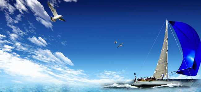 图片中有大海蓝天还有帆船，可用于体现勇于进取的企业文化。